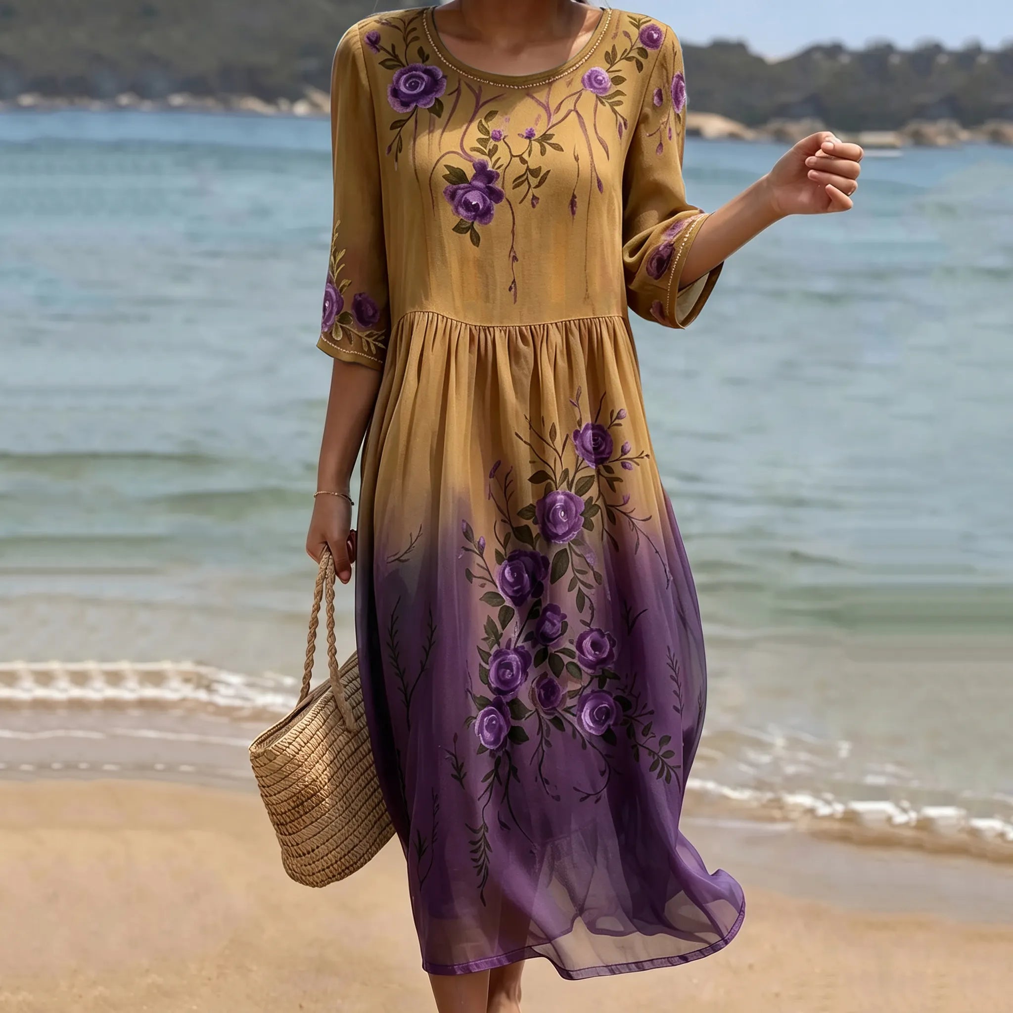 Women's Purple Rose Floral Gradient Pattern Mid-sleeve Casual Dress