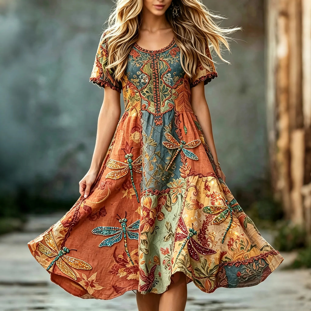 Women's Vintage Hippie Floral And Dragonfly Pattern Art Embroidered Linen Blend Midi Dress