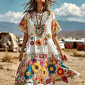 Women's Retro Patchwork Hippie Flowers Peace Sign Print Cotton Linen Dress
