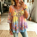 Women's Retro Hippie Peace Floral Embroidery Art Crew Neck Linen Blend T-shirt