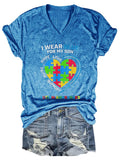V-neck Autism Awareness I Wear Blue For My Son Print T-Shirt