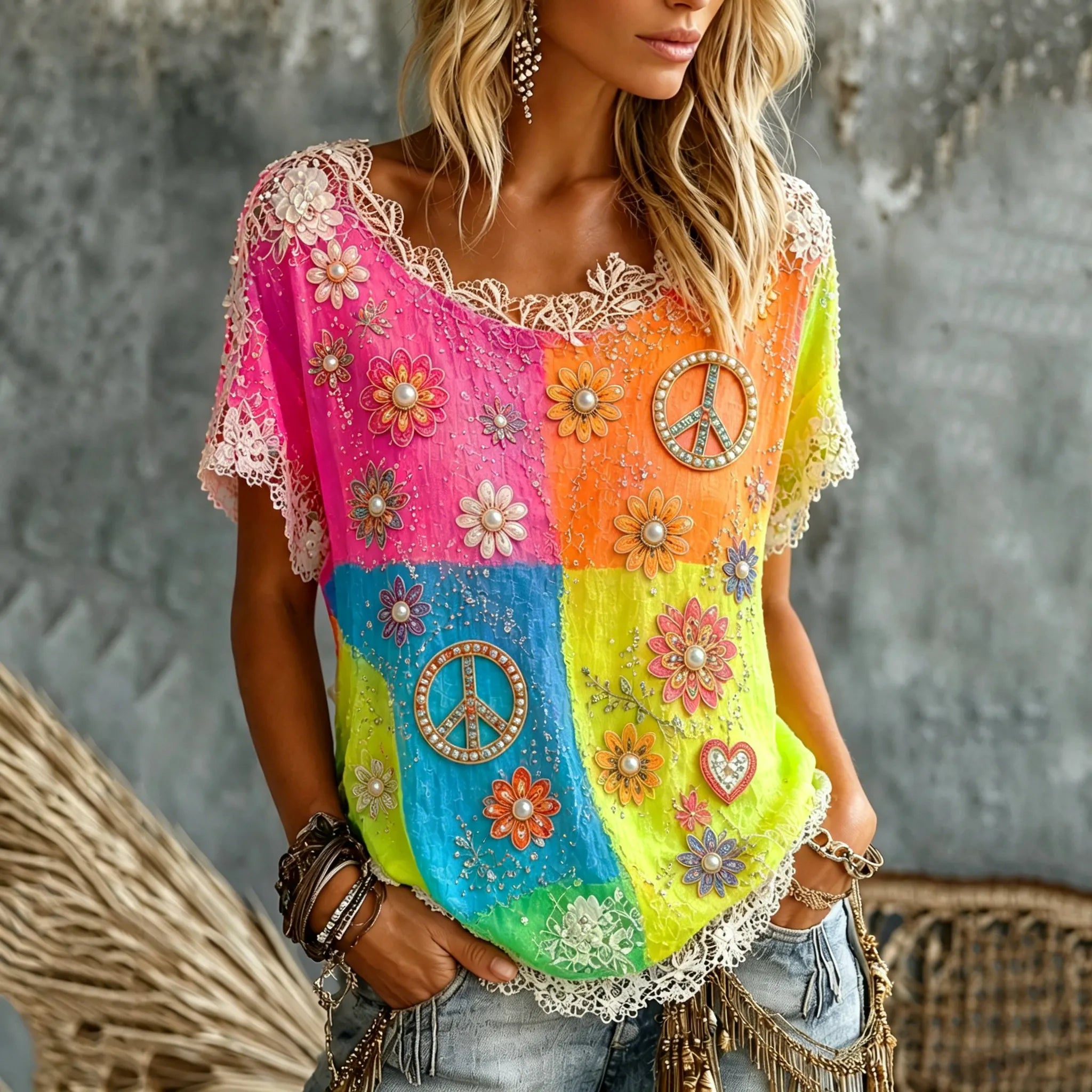 Women's Pearl Floral Peace Sign Tie Dye Art Print Casual T-shirt