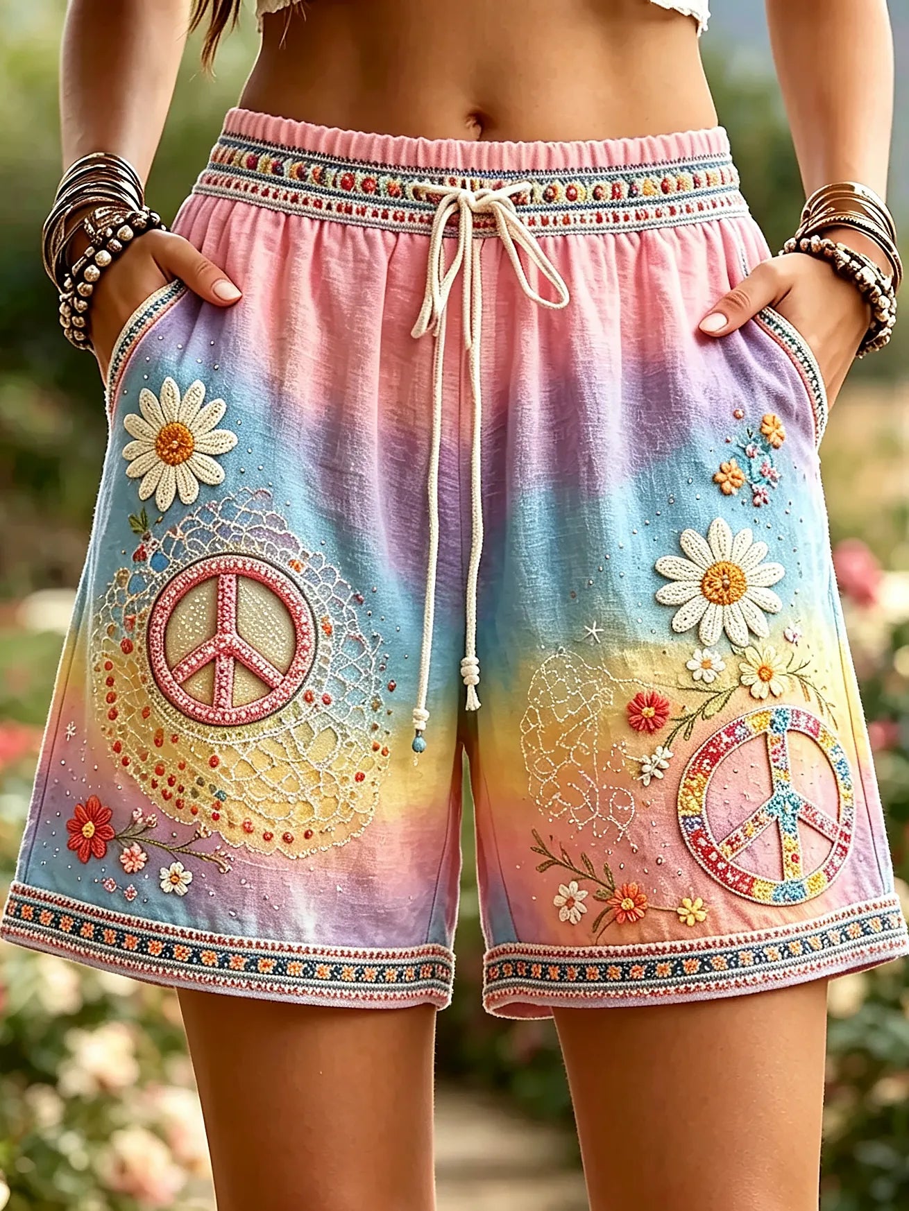 Women's Vintage Hippie Floral Art Linen Blend Casual  Shorts