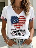 Women'S America Flag Print Casual V-Neck T-Shirt