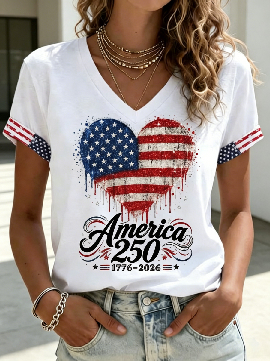 Women'S America Flag Print Casual V-Neck T-Shirt