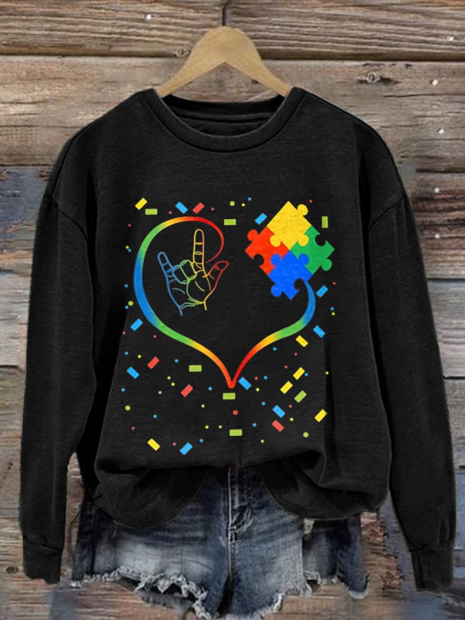 Retro Autism Awarenes I Love You Hand Sign Language Love Heart Puzzle Print Sweatshirt