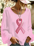 Women's Retro Breast Cancer Floral Print Long-Sleeved Top