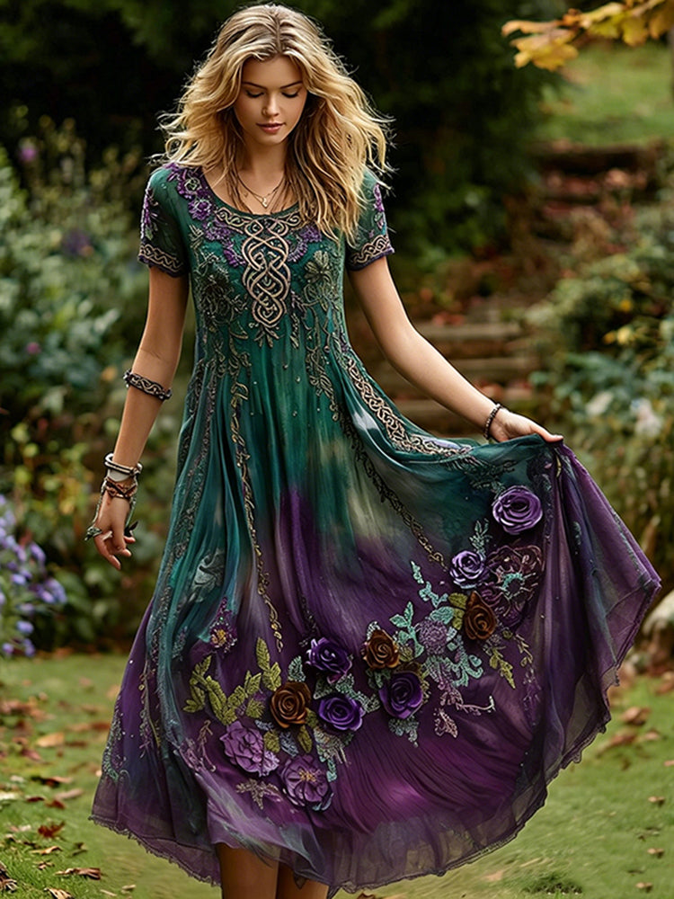 Women's Viking Celtic Knot And Purple Floral Gradient Short-sleeve Dress