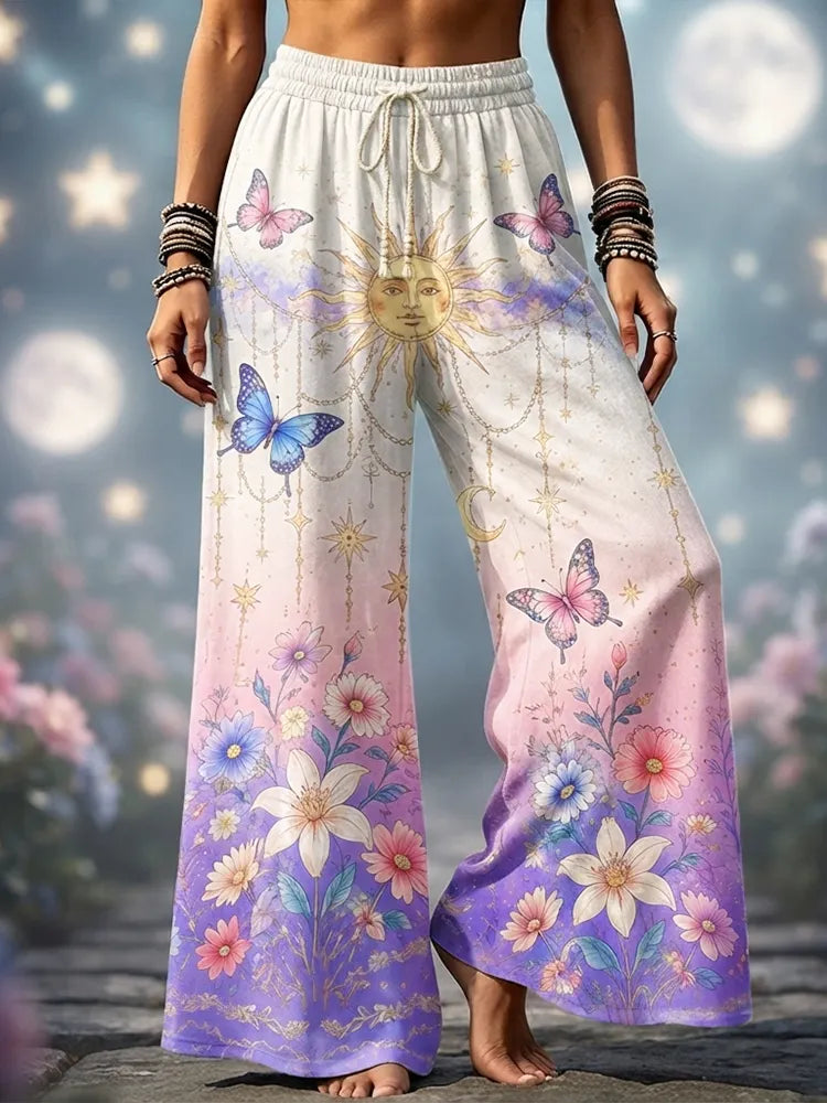Women's High-waisted Wide-leg Lounge Pants With Drawstring, Celestial Sun, Moon, And Watercolor Floral Print