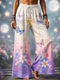 Women's High-waisted Wide-leg Lounge Pants With Drawstring, Celestial Sun, Moon, And Watercolor Floral Print