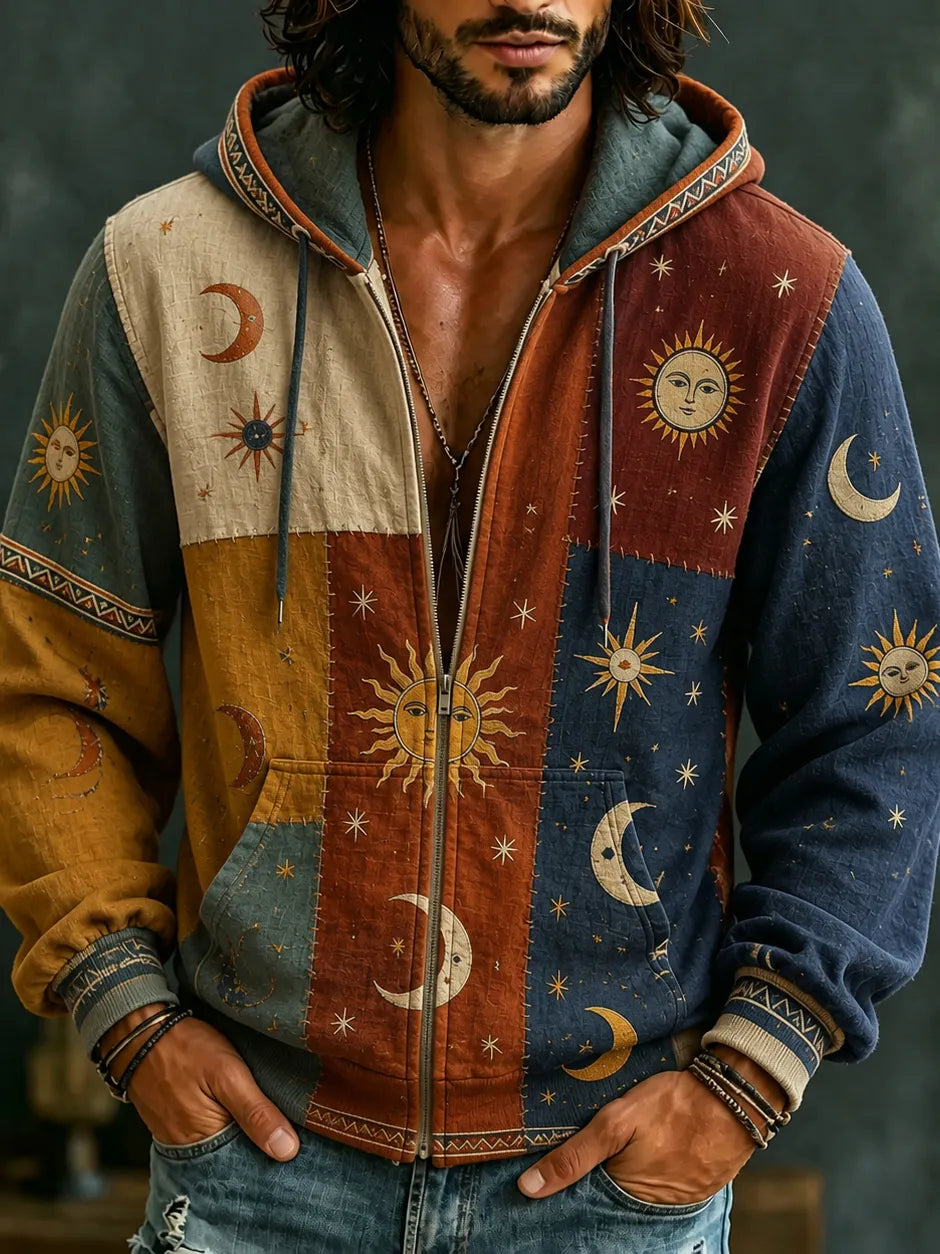 Men's Vintage Sun Moon Star  Patchwork Art Cozy Warm Zipper Hoodie