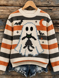 Women's Retro Cat And Ghost Striped Print Sweater