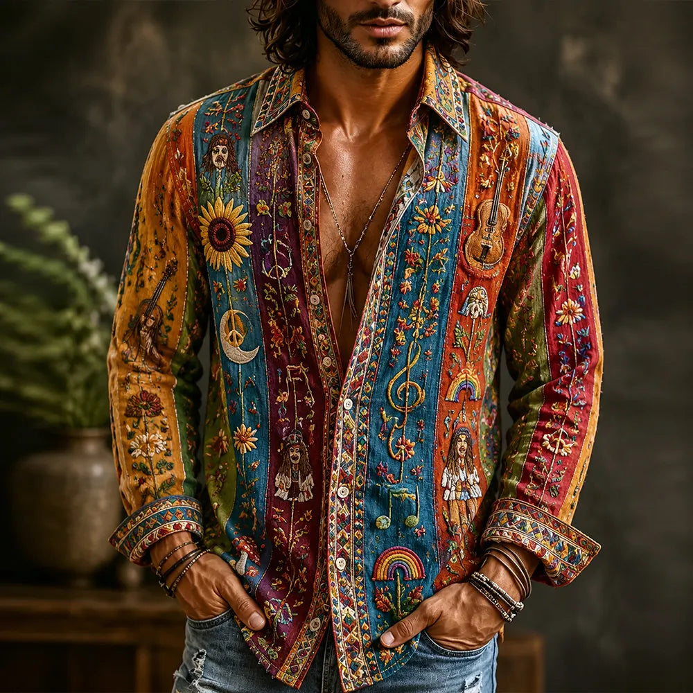 Men's Hippie Music And Floral Art Patchwork Vintage Cotton Linen Lapel Long Sleeve Shirt