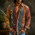 Men's Hippie Music And Floral Art Patchwork Vintage Cotton Linen Lapel Long Sleeve Shirt