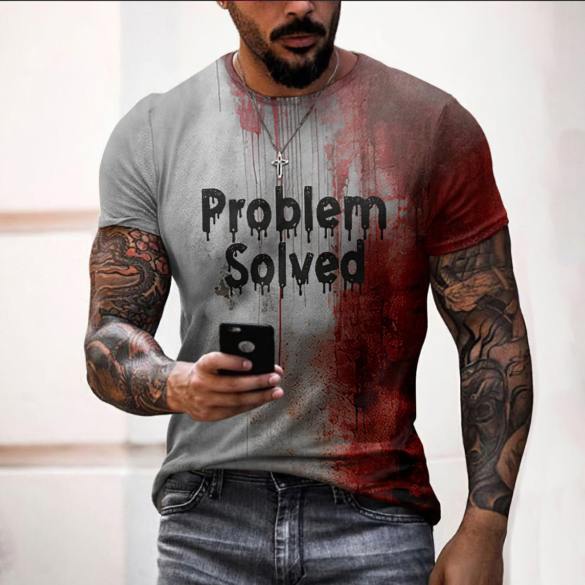 Men's Bloody Problem Solved Halloween Print T-shirt