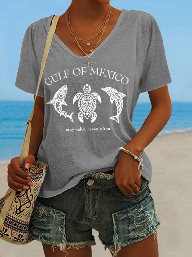 Women's Retro Golfo De Mexico Stay Salty Resist Often Print T-Shirt