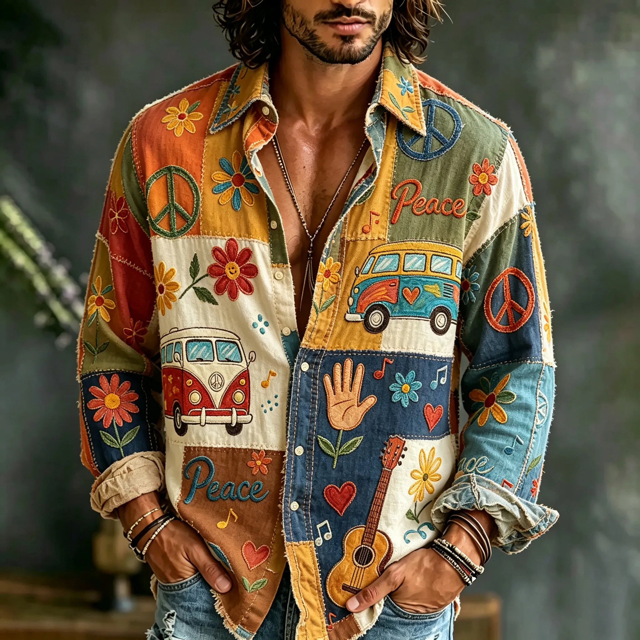 Men's Retro Hippie Style Peace Logo Floral Pattern Linen Blend Casual Long-sleeve Shirt
