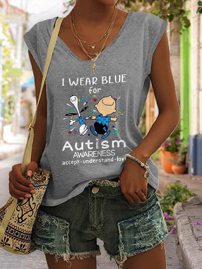 V Neck Autism Awareness I Wear Blue For Autism Print Tank Tops