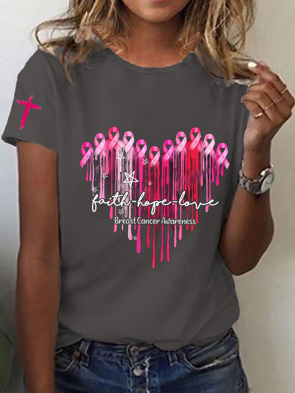 Women's Breast Cancer Faith Hope Love Print T-Shirt