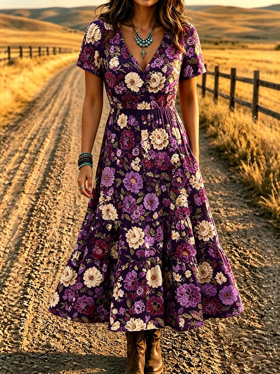 Women'S Western Style V-Neck Short Sleeved Floral Pattern Dress