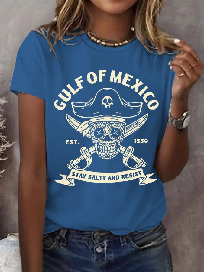 Women's Retro Gulf Of Mexico Est 1550 Stay Salty And Resist Print Round Neck T-Shirt