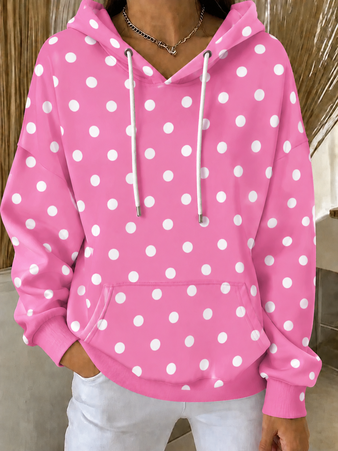 Women'S Casual Breast Cancer Awareness Dot Art Print Hooded Sweatshirt
