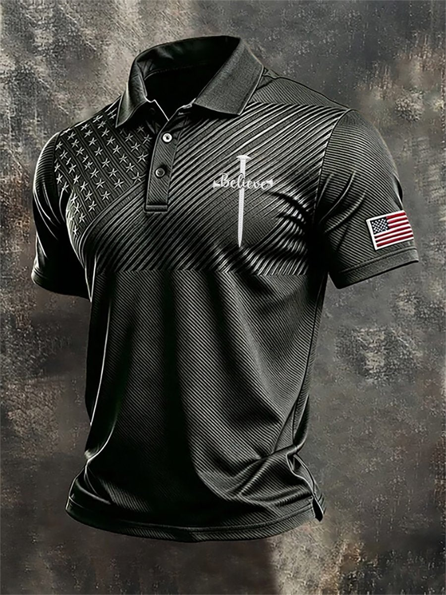 Men's Business American Flag Print Cross Art Polo Shirt