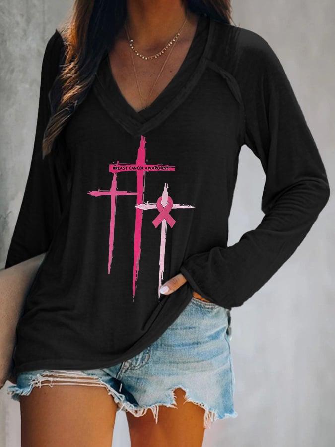 Women's Breast Cancer Awareness Print V-Neck Casual T-Shirt