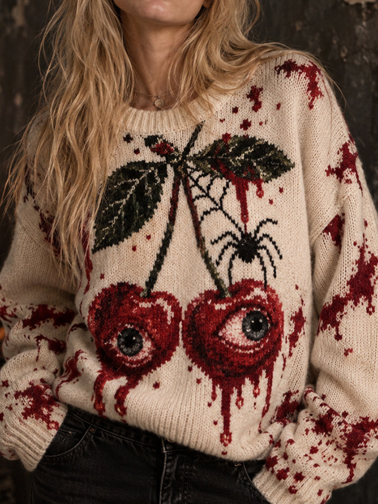 Women's Gothic Spider & Bloody Creepy Eyeball Cherry Graphic Casual Sweater