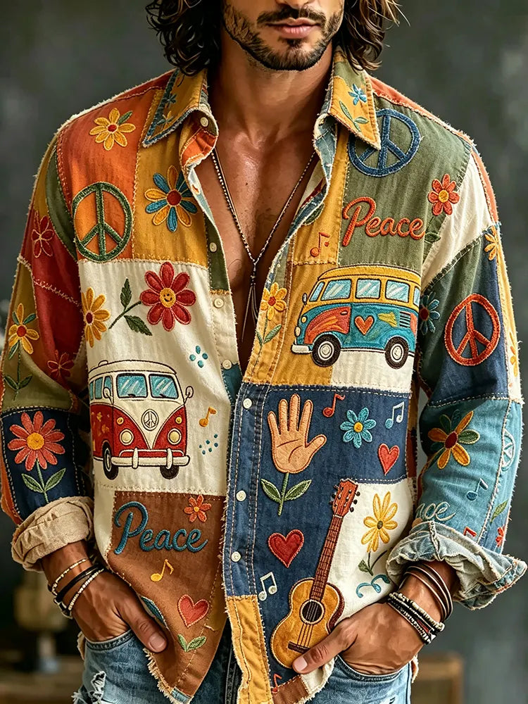 Men's Retro Hippie Style Peace Logo Floral Pattern Linen Blend Casual Long-sleeve Shirt