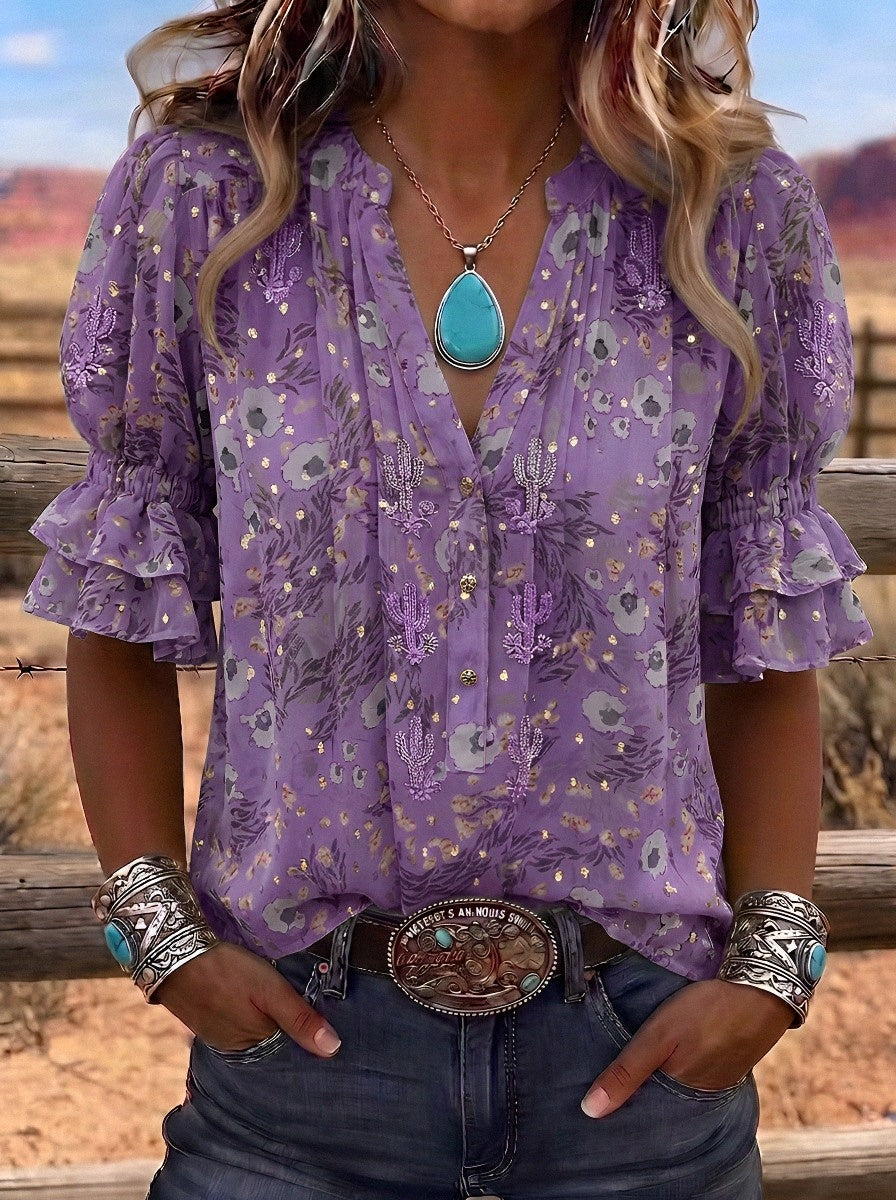 Women's Western Vintage Cactus Floral Printed Blouse