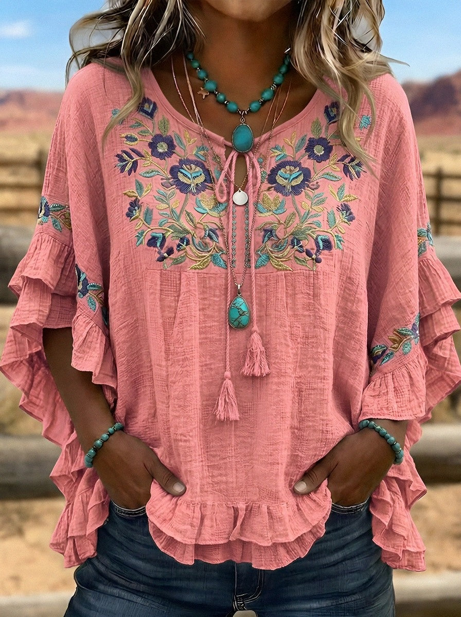 Women's Western Vintage Floral Embroidered Ruffle Sleeve Top
