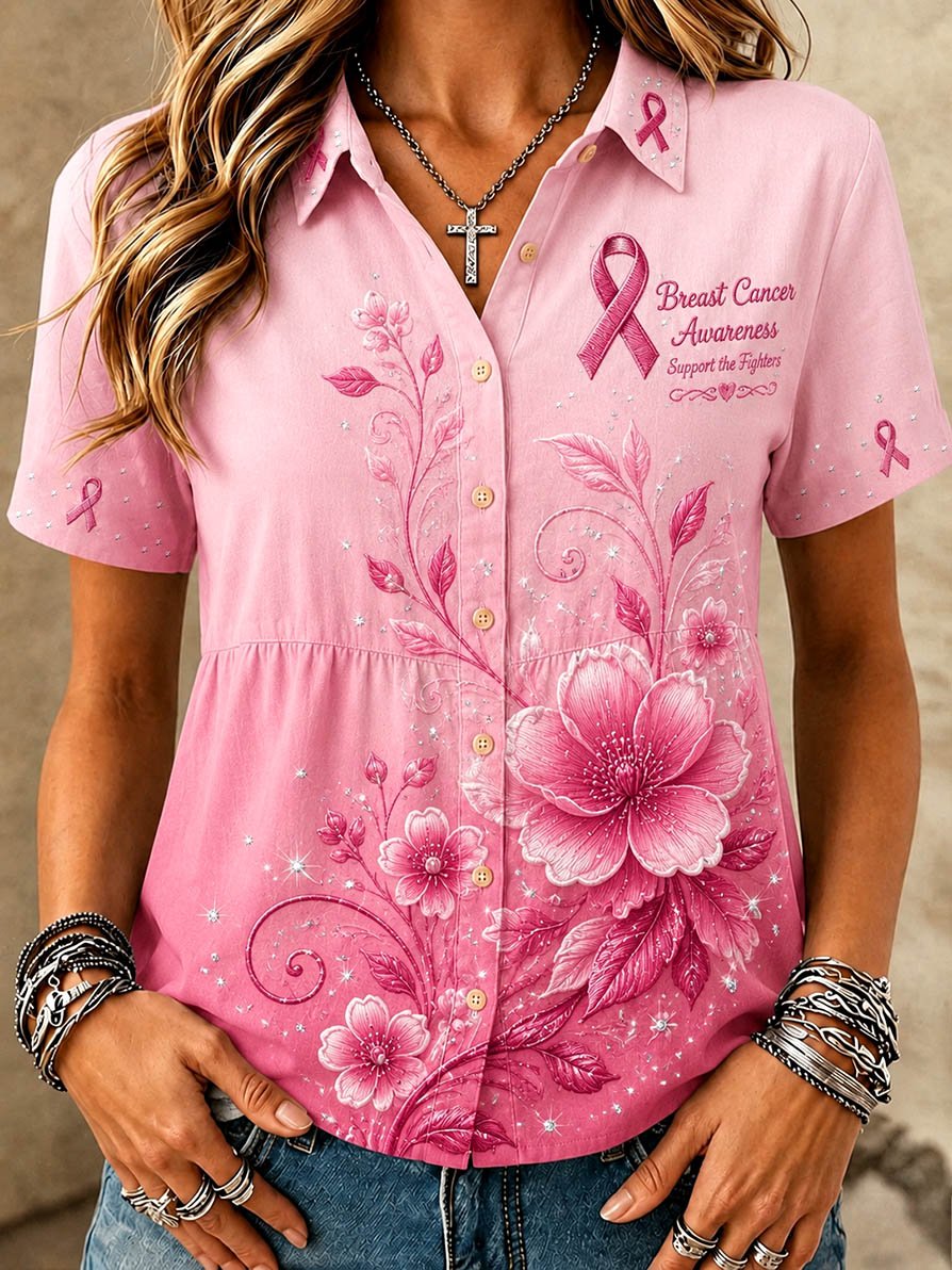 Women's Casual Top with Floral Breast Cancer Awareness Print