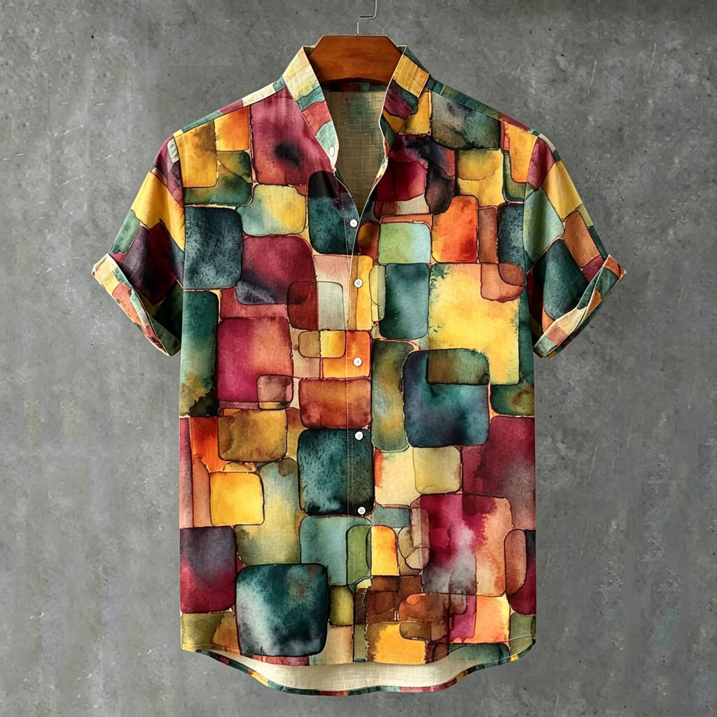 Men's Retro Bohemian Hippie Style Geometric Print Cotton Linen Short-sleeve Shirt