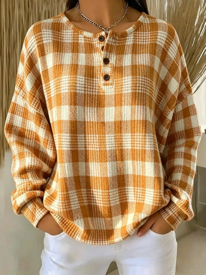 Women'S Plaid Henley Collar Casual Long-Sleeved Sweatshirt