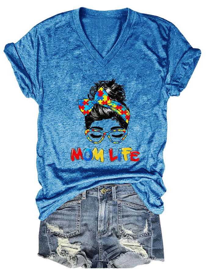 V-neck Autism Awareness Mom Life Print T-Shirt