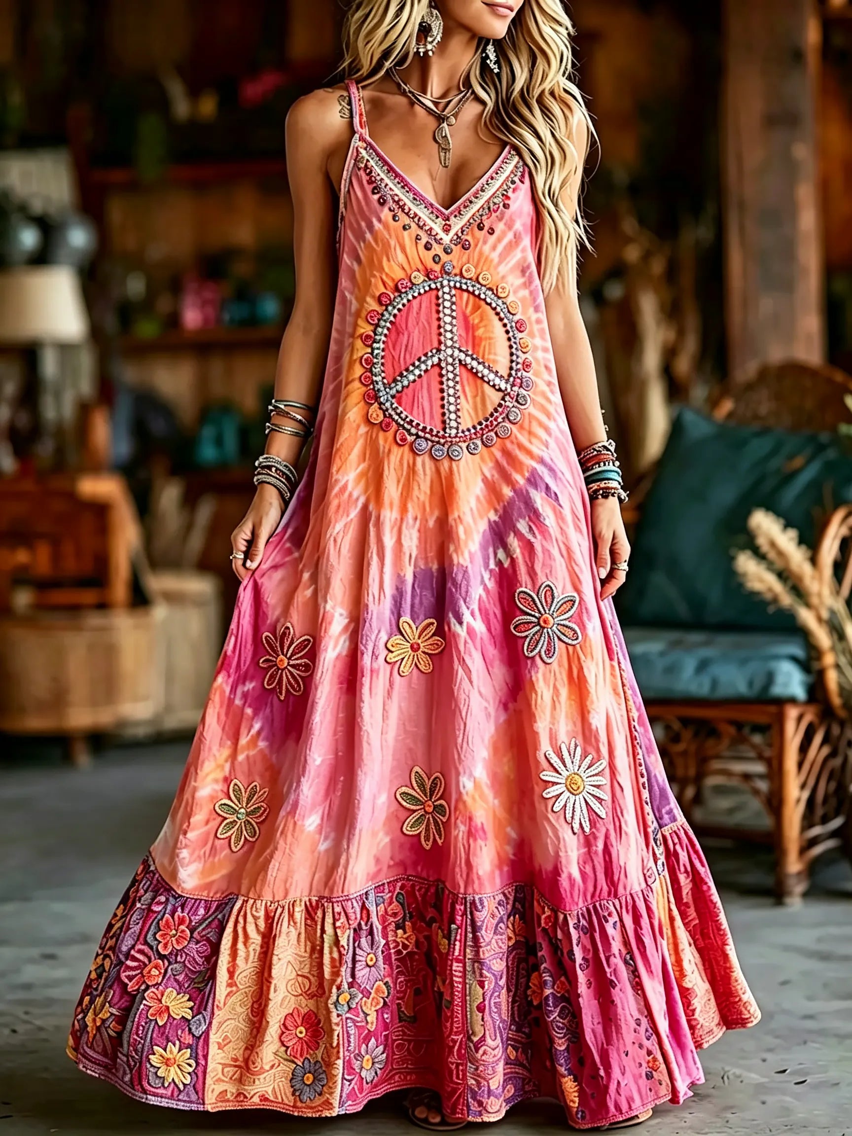 Women's Hippie Floral Peace Pattern Casual Sleeveless Dress