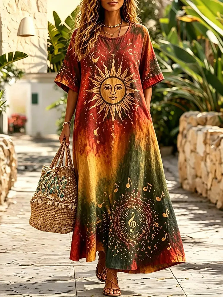 Women's Tie-dye Hippie Music Print Short-sleeve Round Neck Dress