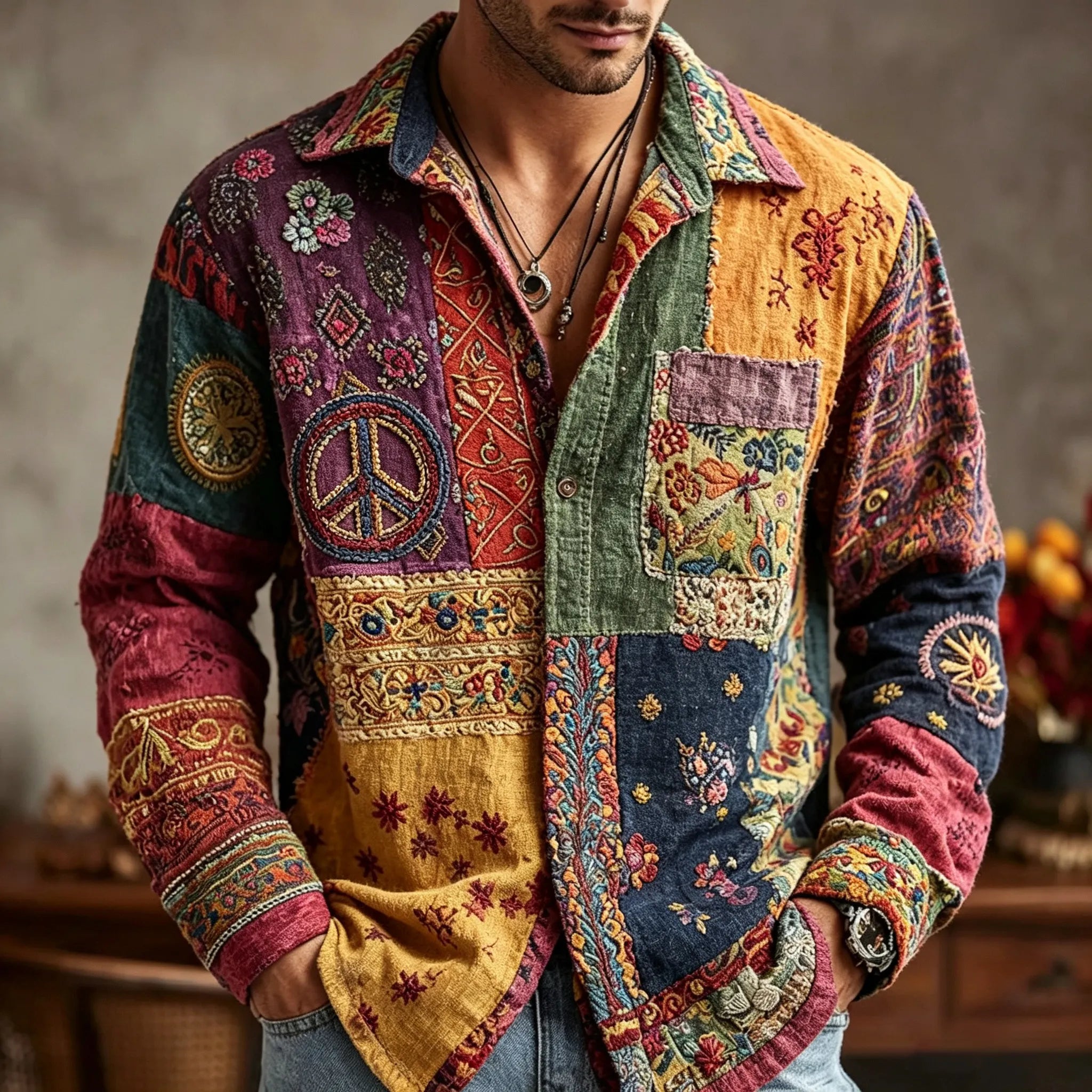Men's Retro Hippie Style Peace Logo Floral Embroidery Linen Blend Casual Long-sleeve Shirt