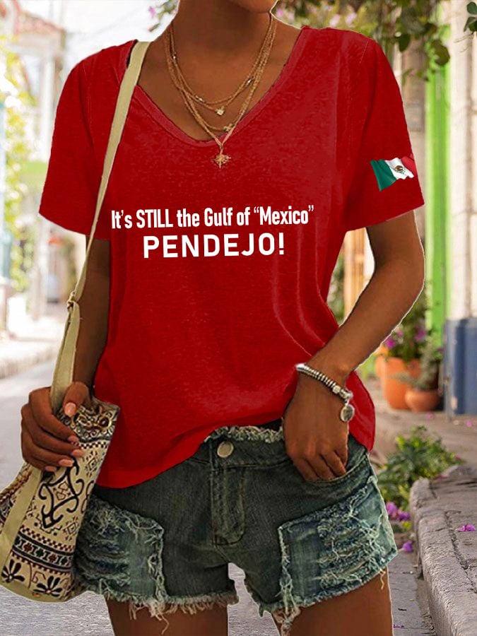Women's It's Still the Gulf of "Mexico" PENDEJO Print V-Neck T-Shirt
