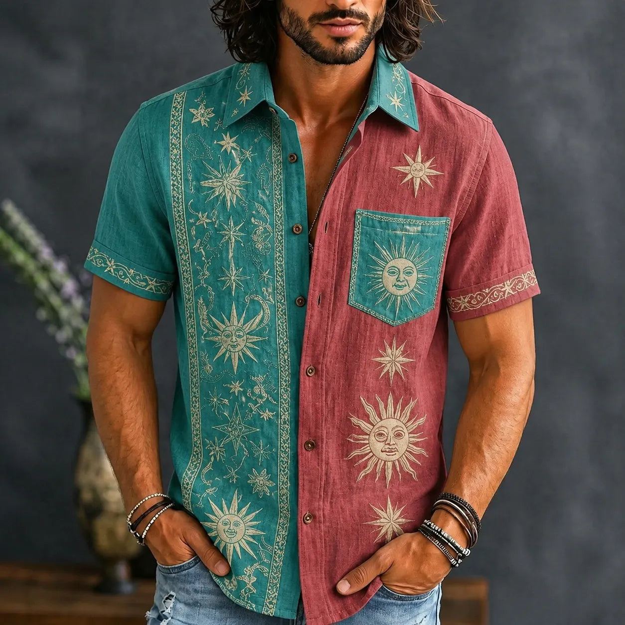 Men's Retro Sun And Star Printed Short Sleeve Shirt