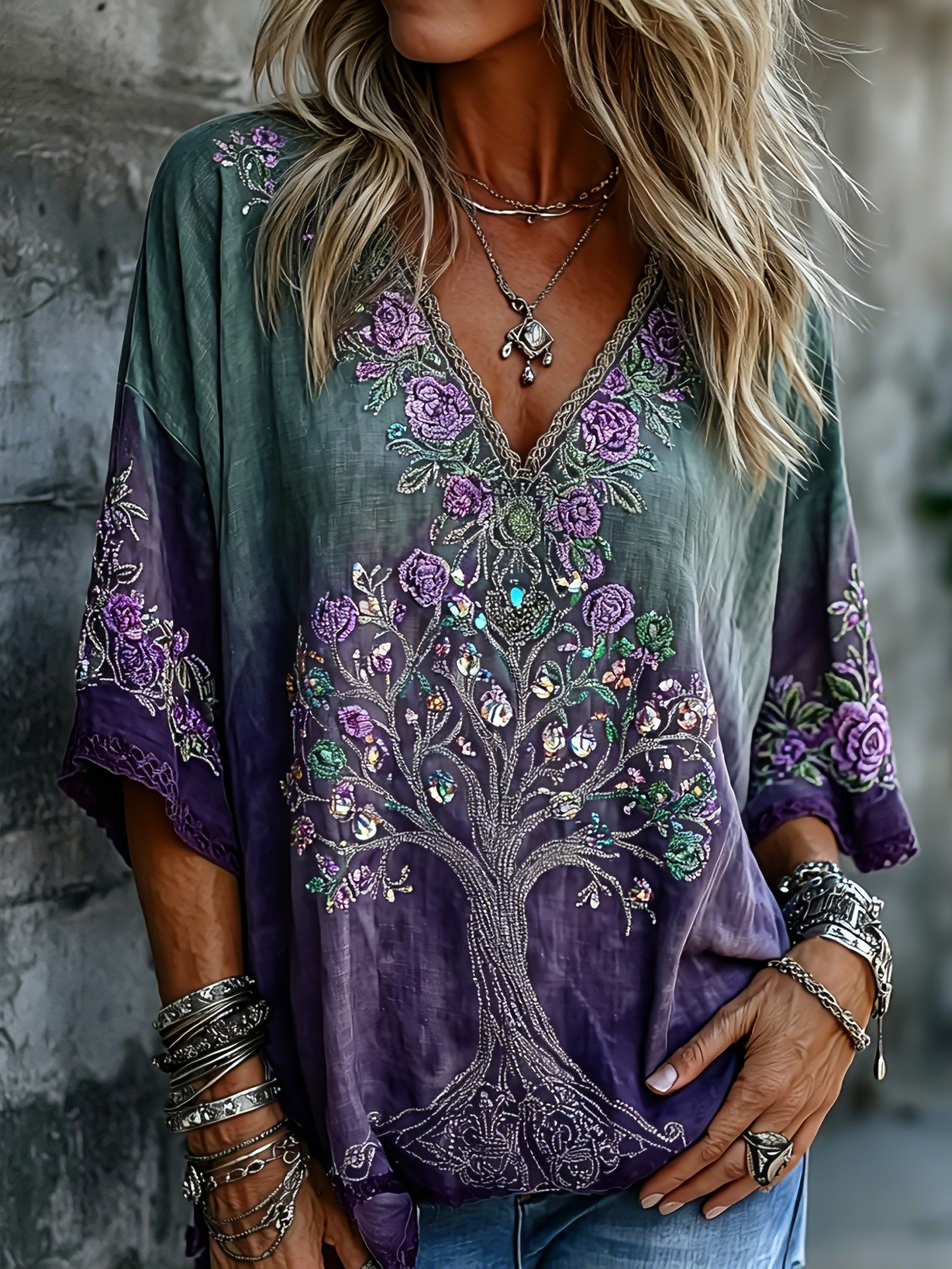 Women's Retro Tree Of Life Floral Art V-neck Loose Linen Blend T-shirt