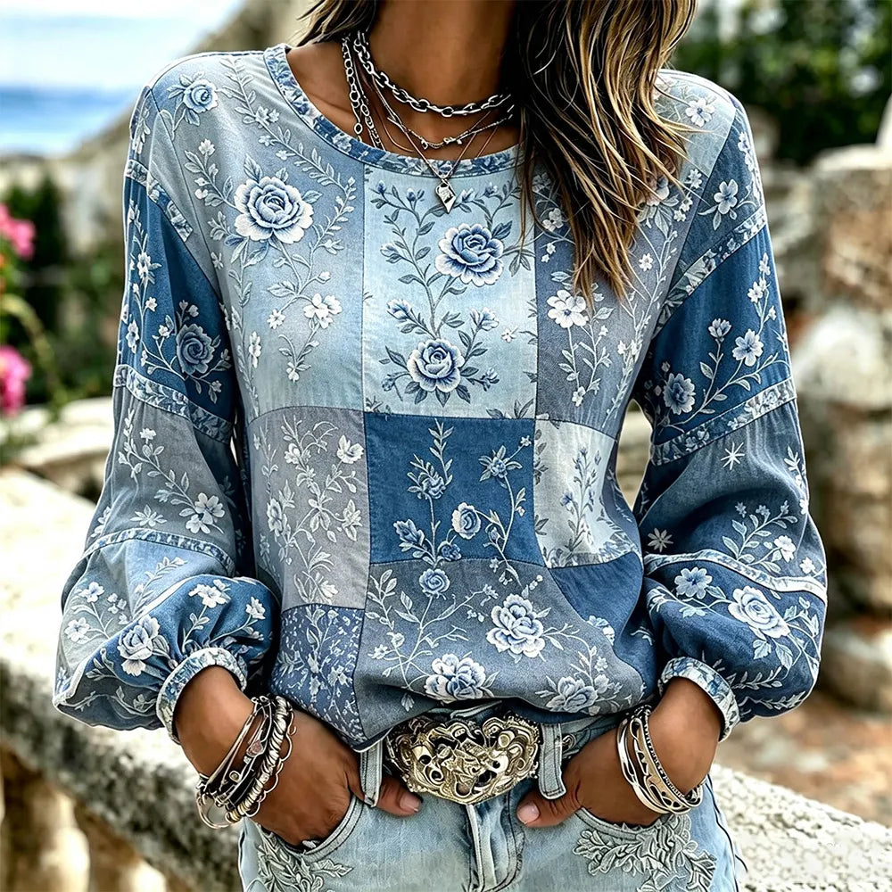 Women's Vintage Pink Floral Art Patchwork Linen Cotton Blend Crew Neck Long Sleeve Top