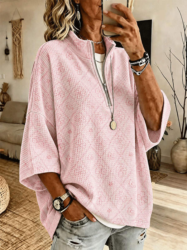 Women'S Plaid Floral Line Printed Half Zip Hoodie