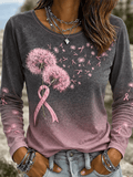 Women's Dandelion & Pink Ribbon Art Pattern Comfortable Crew Neck Long Sleeve T-Shirt