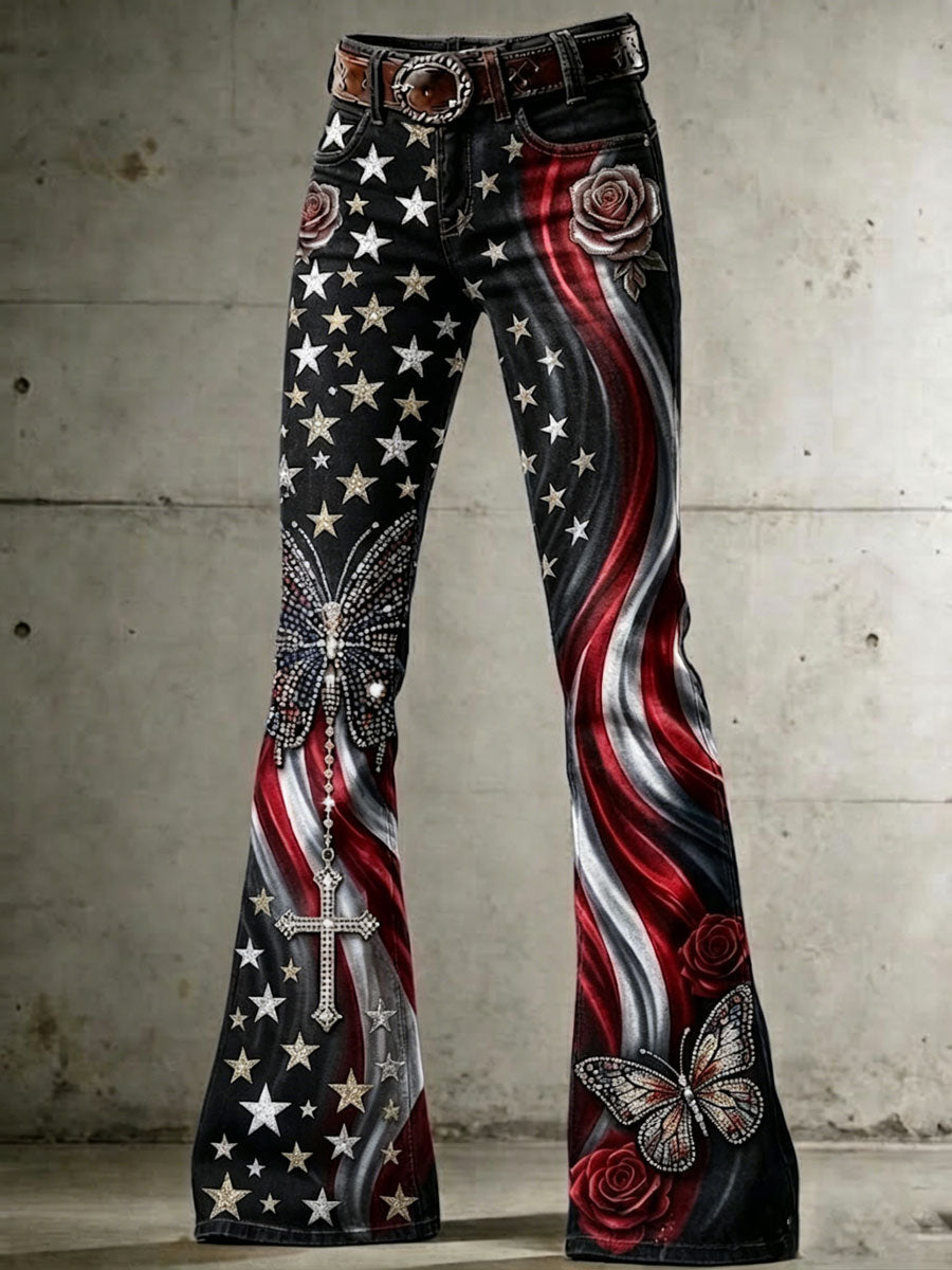 Women's High-Waisted Jeans with Cross, Flag, Butterfly, and Floral Patterns