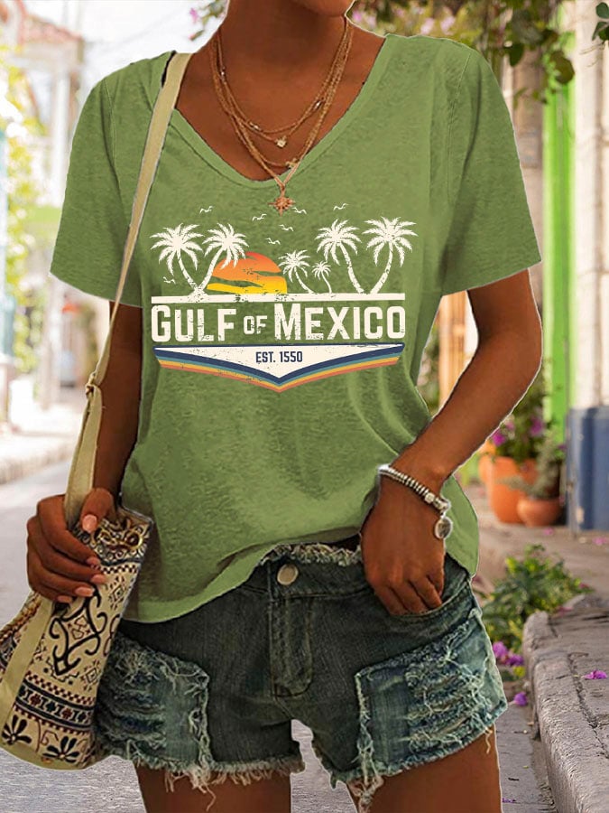 Women's Gulf Of Mexico Print V Neck Casual T-Shirt