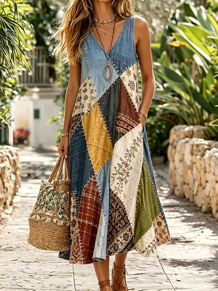 Women's Retro Hippie Floral Embroidered Patchwork Art V-neck Midi Tank Dress