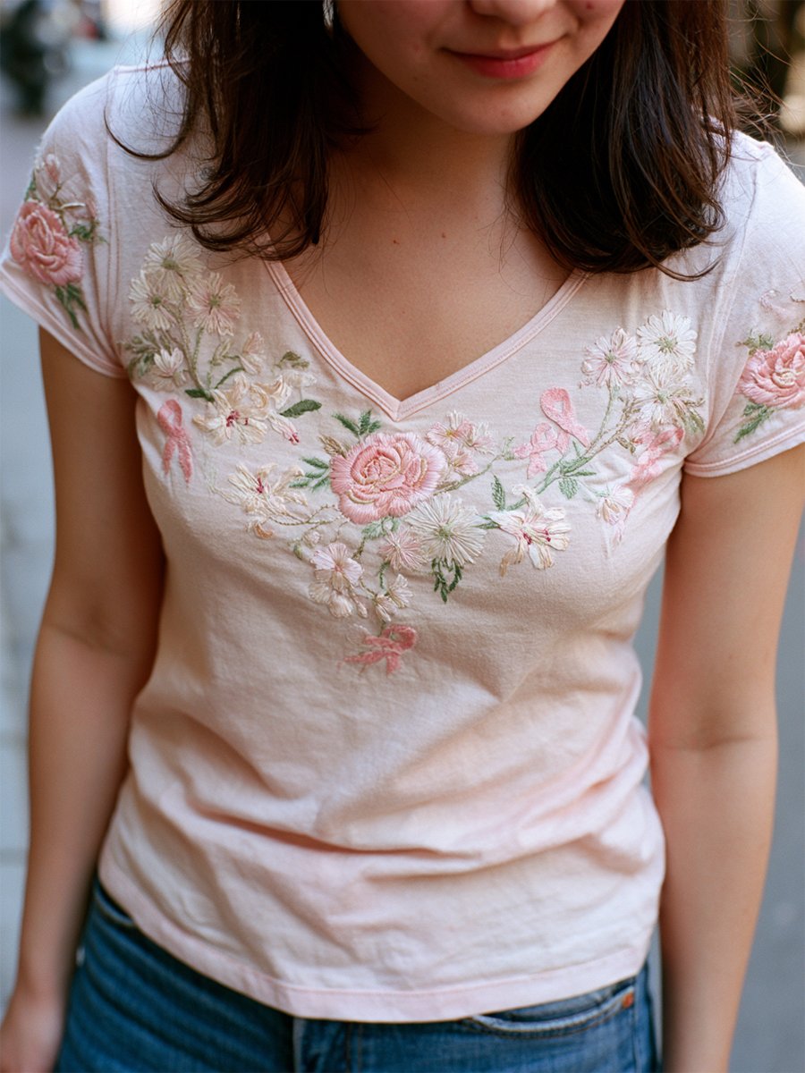 Women's Breast Cancer Awareness Floral Art V-Neck Short-Sleeve T-Shirt