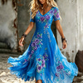 Women's Retro Purple Rose Embroidery Pattern Casual V-neck Dress